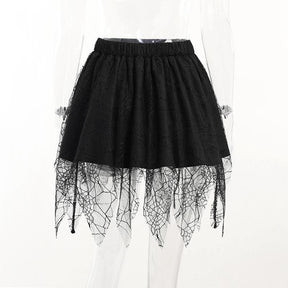 Rear mannequin view of the black skirt with fine spiderweb lace beneath the gathered fabric.