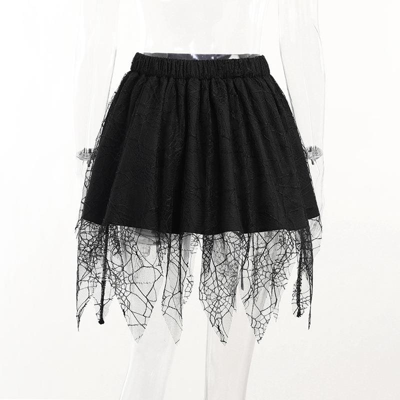 Rear mannequin view of the black skirt with fine spiderweb lace beneath the gathered fabric.
