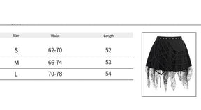 Cobweb Queen skirt size chart listing waist ranges and skirt lengths for S, M and L.