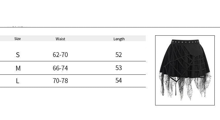 Cobweb Queen skirt size chart listing waist ranges and skirt lengths for S, M and L.