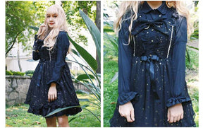 Two-view collage of the celestial dress and a separate blouse worn outdoors, showing the full outfit and a closer bodice view.