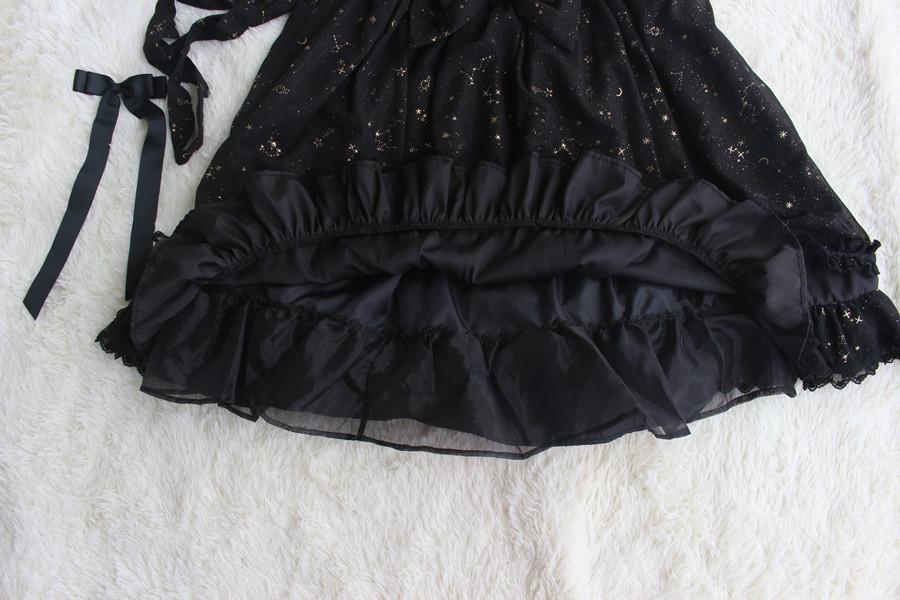 Lower skirt lifted to reveal the separate dark lining beneath the constellation print and ruffled lace-edged hem.