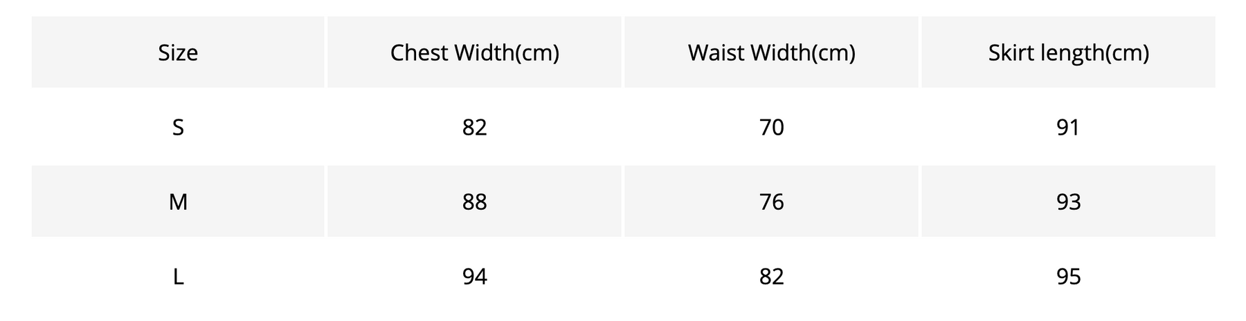 Size chart for the constellation pinafore dress, listing bust, waist and length measurements for S, M and L.