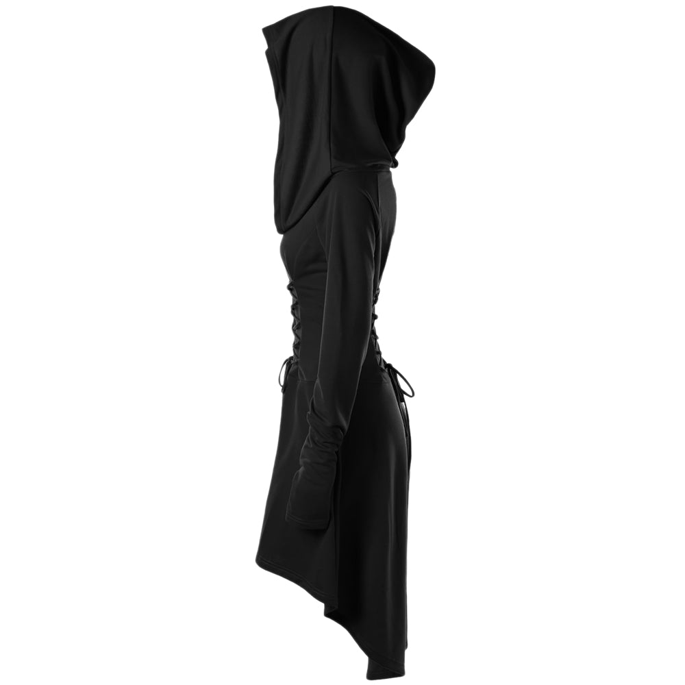 Black hooded dress viewed from the side, showing the draped hood and hem that falls lower behind.
