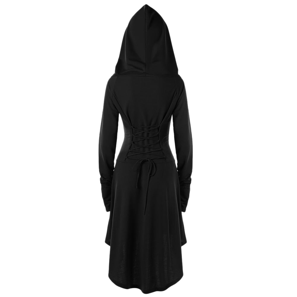 Black cowl hooded dress shown from the back with cord lacing at the waist.