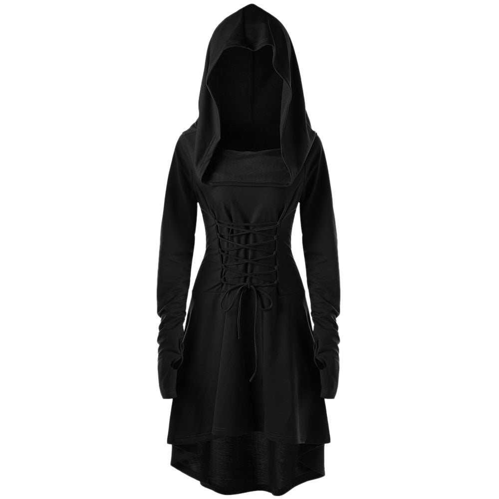 Black hooded dress displayed from the front, with tonal waist lacing, long sleeves and a high-low hem.
