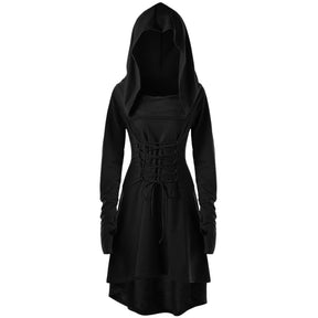 Black hooded dress displayed from the front, with tonal waist lacing, long sleeves and a high-low hem.