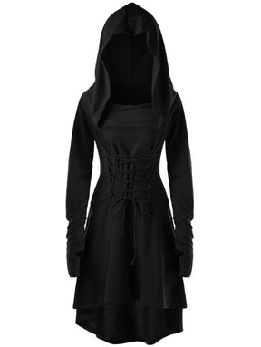 Black cowl dress with the hood raised and matching cords tied at the front waist, isolated against white.