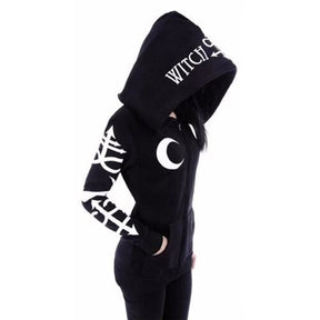 Black zip-up hoodie worn from the front, showing a white crescent moon, wide hood opening and printed long sleeves.