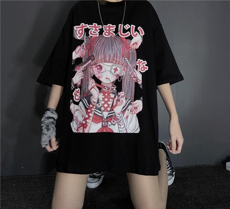 Black anime graphic T-shirt shown in a wide-legged standing pose, with the long hem covering the upper thighs and the pink-and-red artwork fully visible.