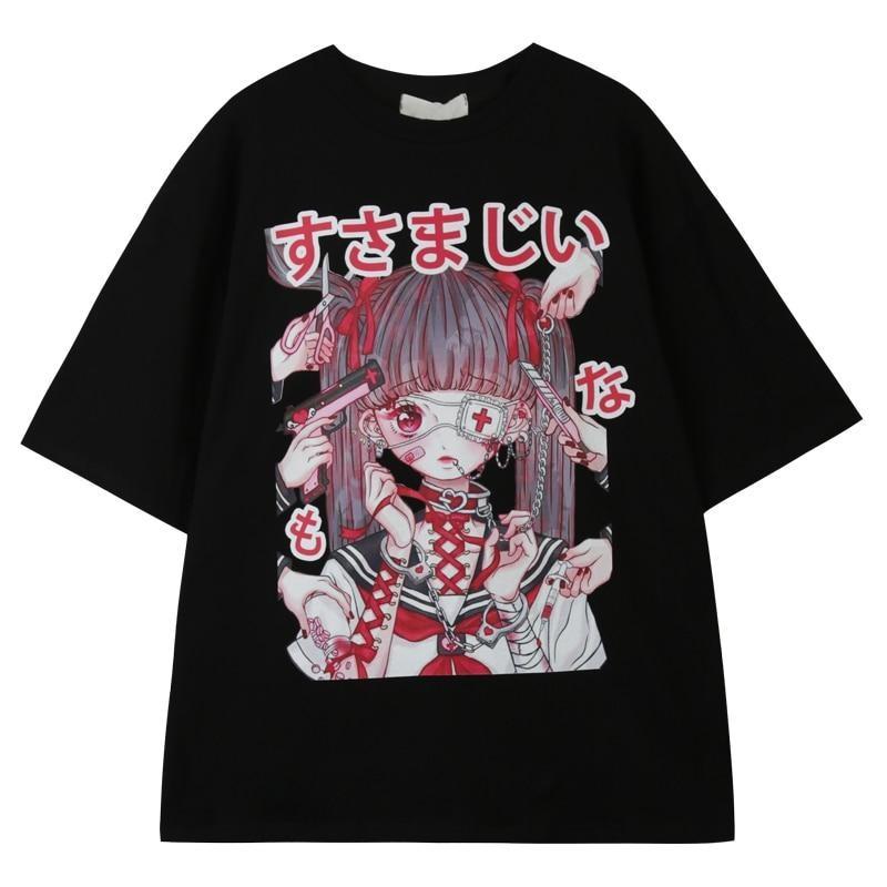 Black anime graphic T-shirt shown alone on a white background, with a round neckline, wide short sleeves and a pink-and-red illustration centered on the front.