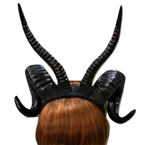 Demon horn headband in Plain Black, showing tall upper horns and curled side horns.