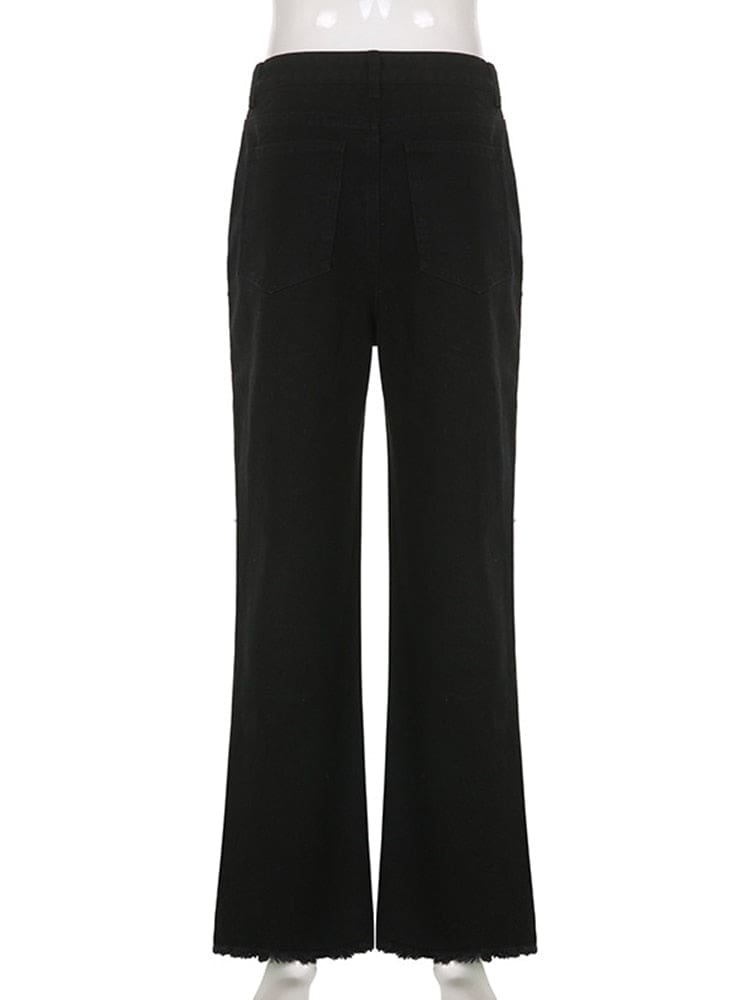 Back view of the black flare jeans on a clear mannequin, showing the plain rear legs, back pockets and wide frayed hems.