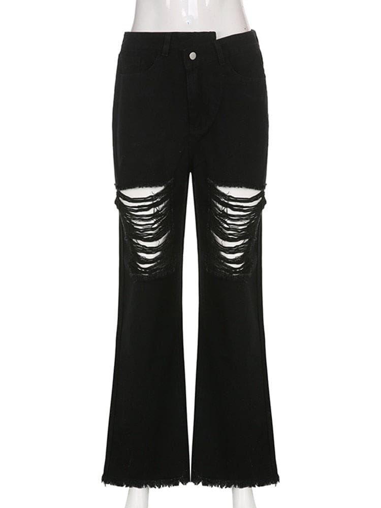 Black high-waisted flare jeans on a clear mannequin, showing laddered thigh and knee rips, flared lower legs and raw frayed hems.