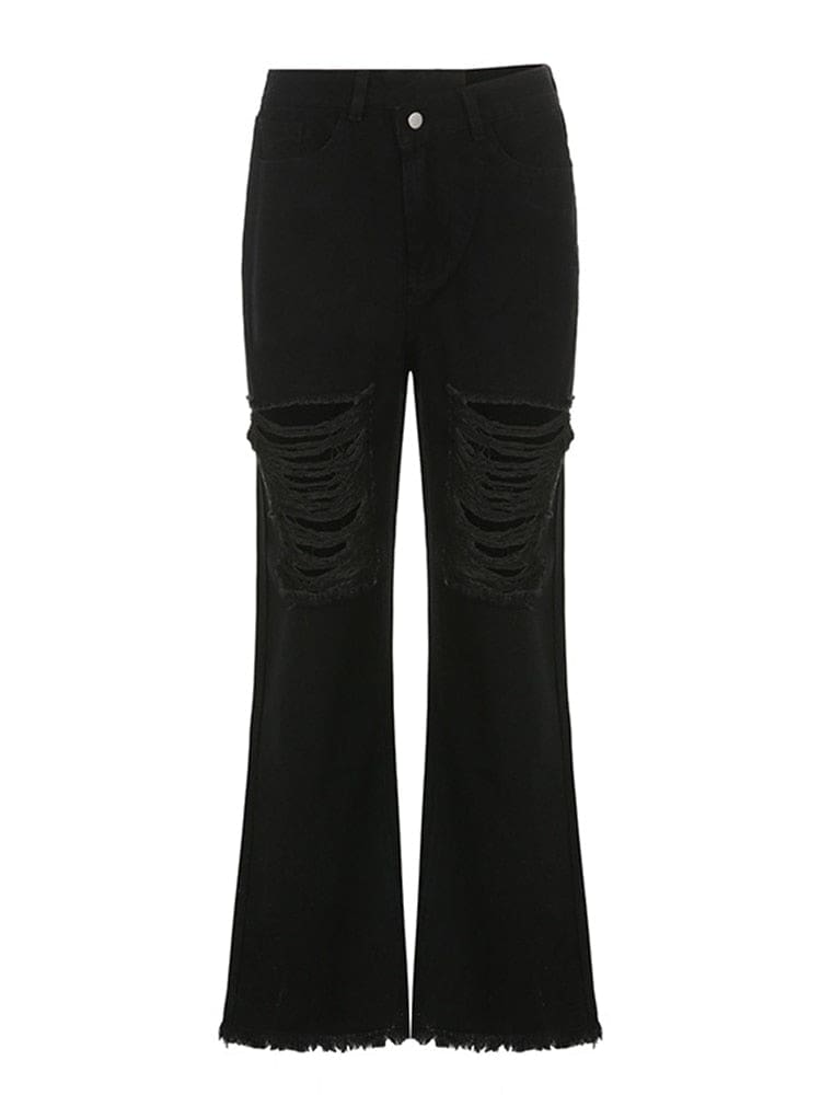 Black distressed flare jeans isolated against white, with an angled waistband, laddered front rips and full-length flared legs.