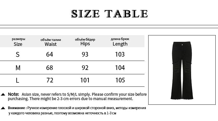 Supplier measurement chart for black distressed flare jeans, with waist, hip and length columns for S, M and L alongside a product image.