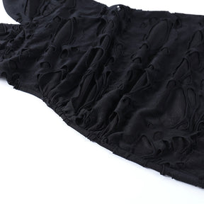 Black distressed mesh mini dress with a close view of the distressed middle section.