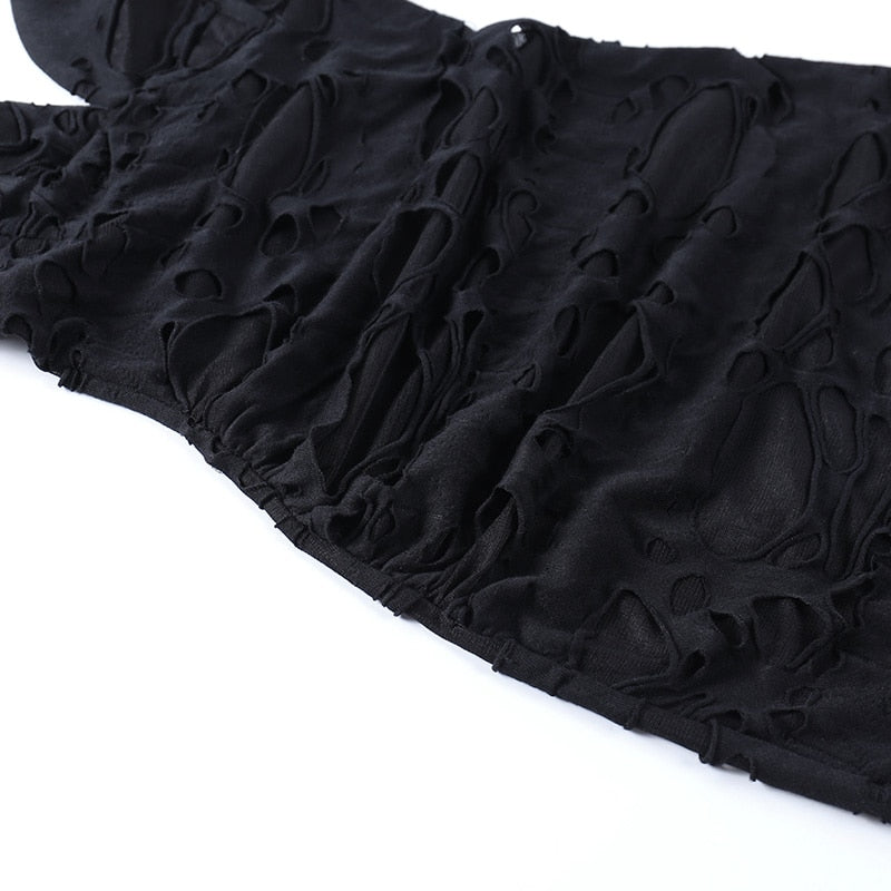 Black distressed mesh mini dress with a close view of the distressed middle section.
