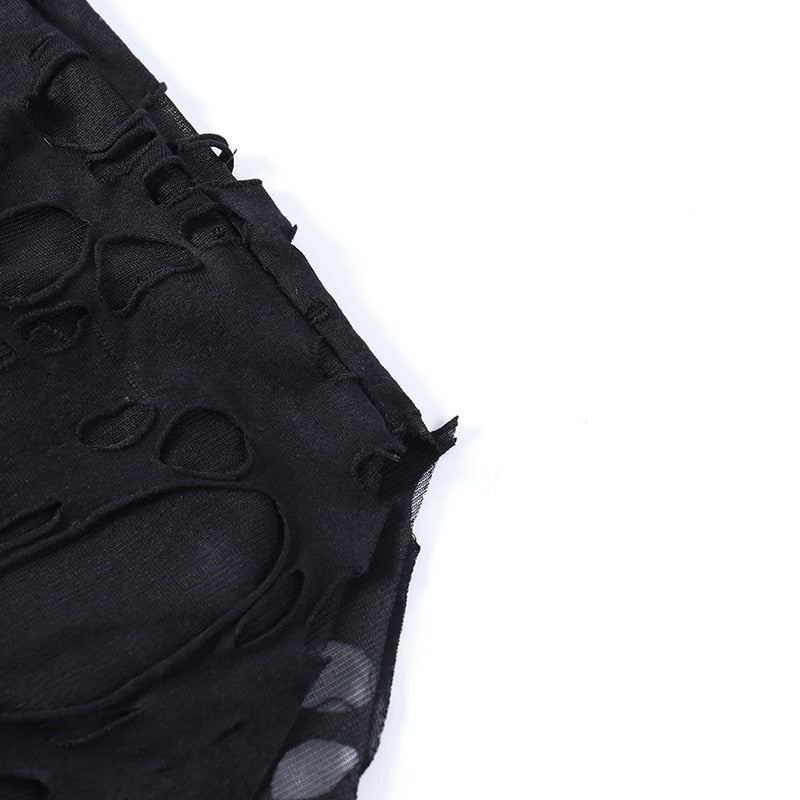 Black distressed mesh mini dress with a close view of the torn-looking fabric edges.