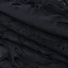 Black distressed mesh mini dress with a close view of the sheer mesh.