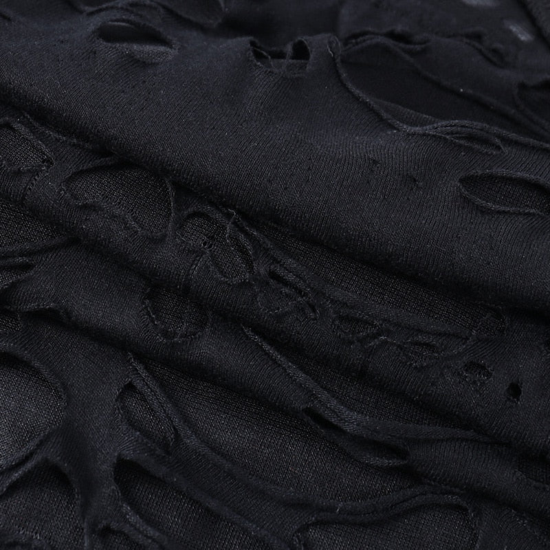Black distressed mesh mini dress with a close view of the sheer mesh.