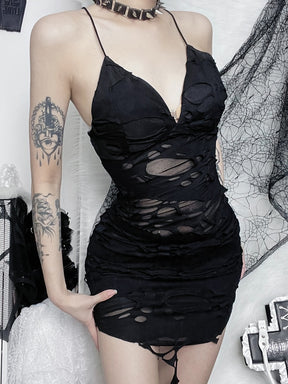 Black distressed mesh mini dress with a close angled view of the neckline and straps.