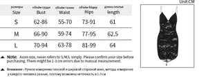 Black distressed mesh mini dress size chart showing S, M and L bust, waist, hip and length measurements in centimeters.