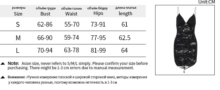 Black distressed mesh mini dress size chart showing S, M and L bust, waist, hip and length measurements in centimeters.