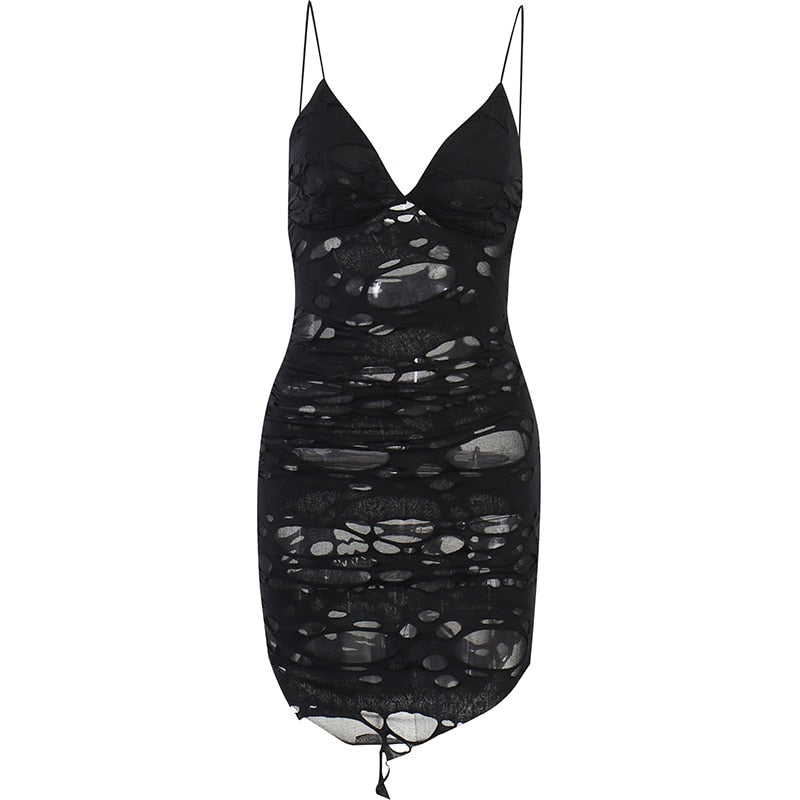 Black distressed mesh mini dress shown as a full garment on white.