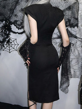 Rear view of the black dragon-pattern cheongsam dress, showing short sleeves, shaped waist seams and the long skirt.