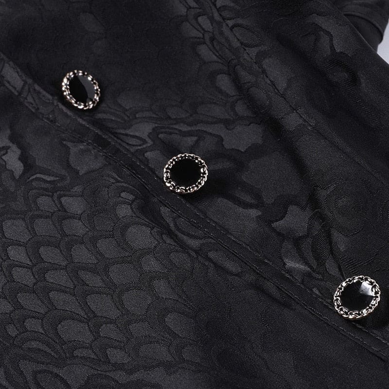 Close-up of round black decorative buttons with bright rim details against the cheongsam's black-on-black dragon and scale pattern.