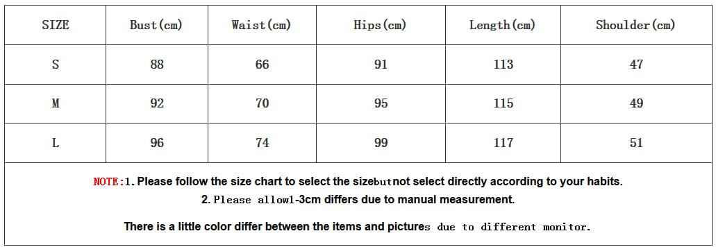 Supplier size chart image for the black cheongsam dress, listing S, M and L bust, waist, hip, length and shoulder measurements in centimeters.
