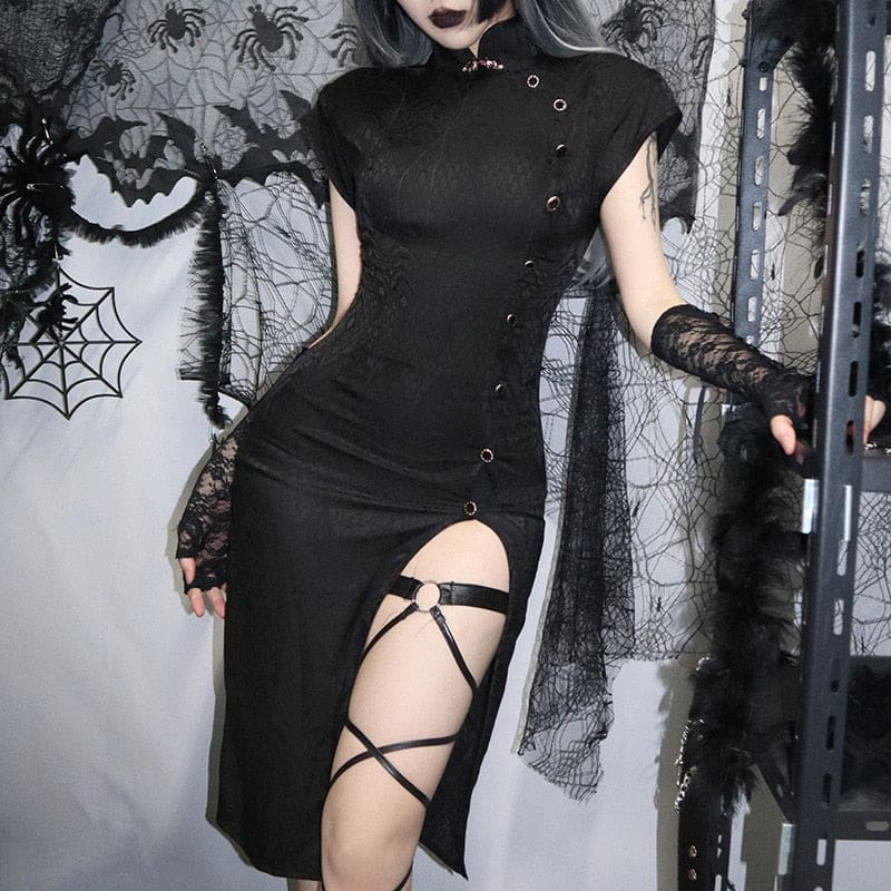 Black high-slit cheongsam shown from the front with lace gloves and a separate leg garter, highlighting the fitted waist and diagonal button row.