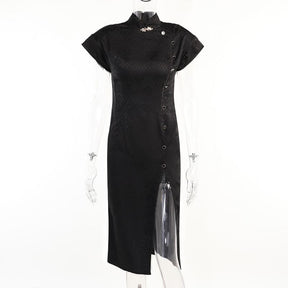 Straight-on mannequin view of a black high-slit cheongsam with a stand collar, small neckline ornament and diagonal button accents.