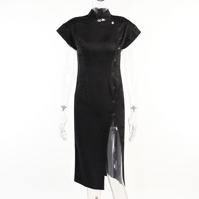 Straight-on mannequin view of a black high-slit cheongsam with a stand collar, small neckline ornament and diagonal button accents.