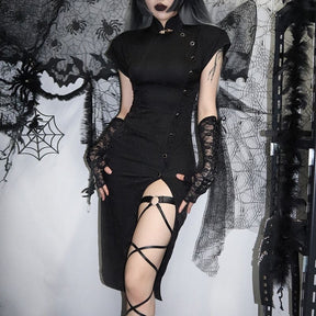 Front view of a black cheongsam emphasizing the shaped waist, high side slit and small round buttons along the diagonal opening.