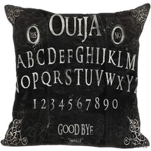 Black square Ouija pillow cover with pale serif alphabet rows, numbers, Yes and No medallions and fine scrollwork around the corners.