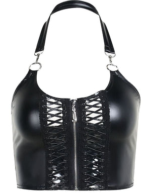 Glossy black cropped halter top isolated against white, with a centre zipper, two ribbon-laced openings and a strap clipped to neckline rings.