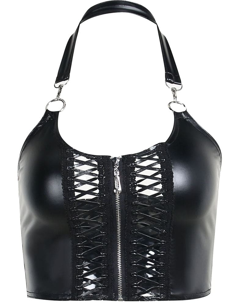 Glossy black cropped halter top isolated against white, with a centre zipper, two ribbon-laced openings and a strap clipped to neckline rings.