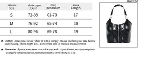Size chart for the black zip-front halter crop top, showing S, M and L measurements in centimetres beside an isolated product image.