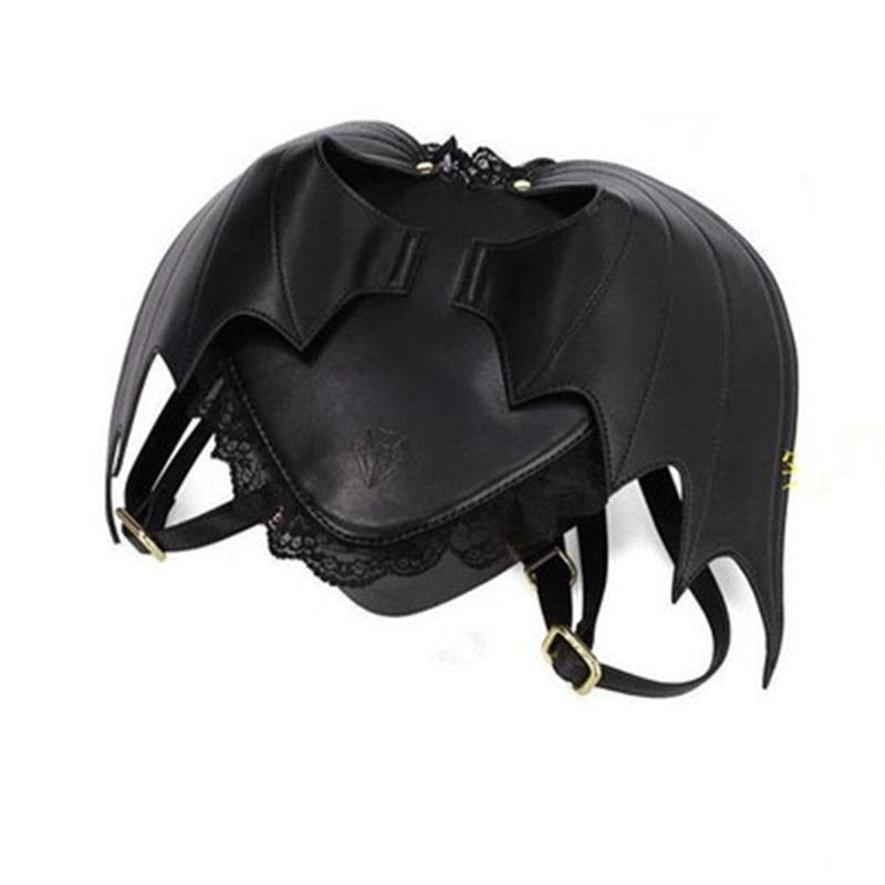 Black bat wing backpack with curved wing stitching, lace trim, a zip closure, and buckle shoulder straps.