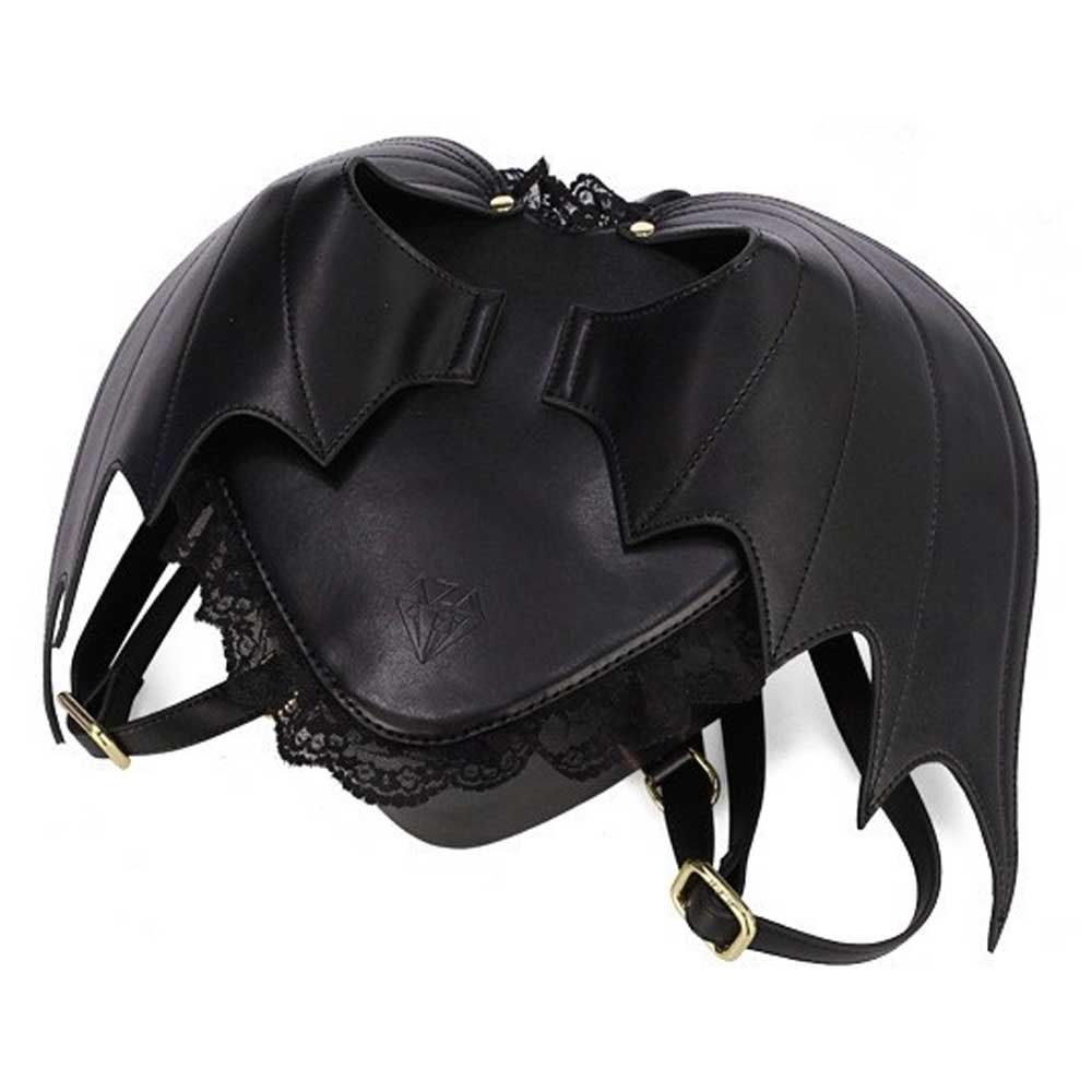 Black bat wing backpack with curved wing stitching, lace trim, a zip closure, and buckle shoulder straps.