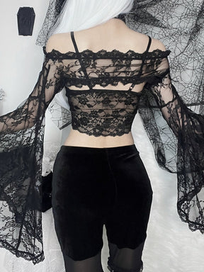 Back view of the sheer black lace overlay, showing the narrow shoulder band and flowing sleeves over a separate camisole.