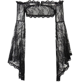 Black floral lace overlay isolated on white, showing its narrow shoulder band, central clasp and long flared sleeves without the camisole.