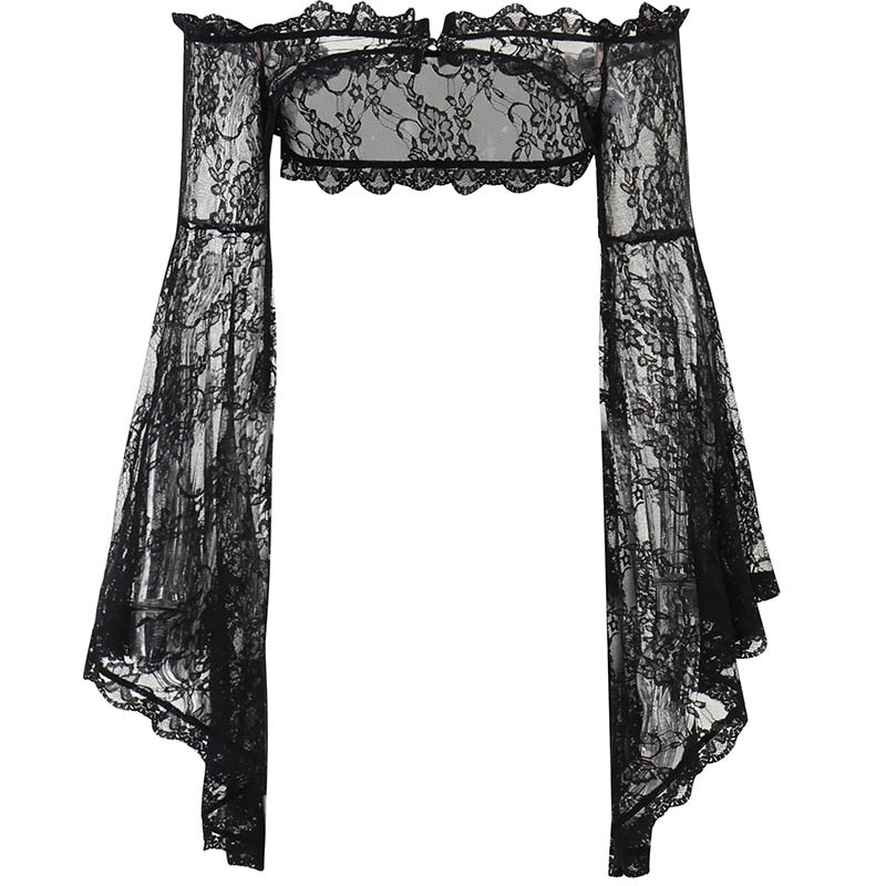 Black floral lace overlay isolated on white, showing its narrow shoulder band, central clasp and long flared sleeves without the camisole.