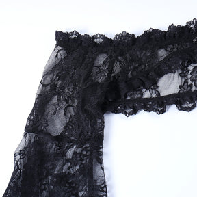Detail of the floral lace shoulder band and sleeve seam on the black gothic overlay.