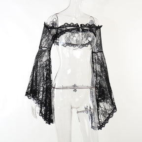 Angled mannequin view of the sheer lace shoulder overlay, highlighting the cropped body and ruffled trim.