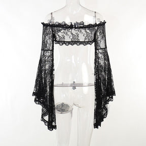 Back view of the off-shoulder lace overlay on a clear mannequin, with the narrow lace band spanning the upper back.