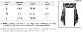 Size chart for the black off-shoulder lace overlay, listing sleeve, bust and length measurements in centimeters for S, M and L beside a product illustration.