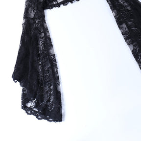 Close view of a long black floral lace sleeve, showing the widening bell shape and softly ruffled edge.